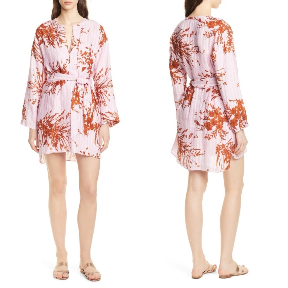 Joie Sunanda Dress Pale Pink & Brown Tie Dress 100% Linen Fleur D-Isle Pink